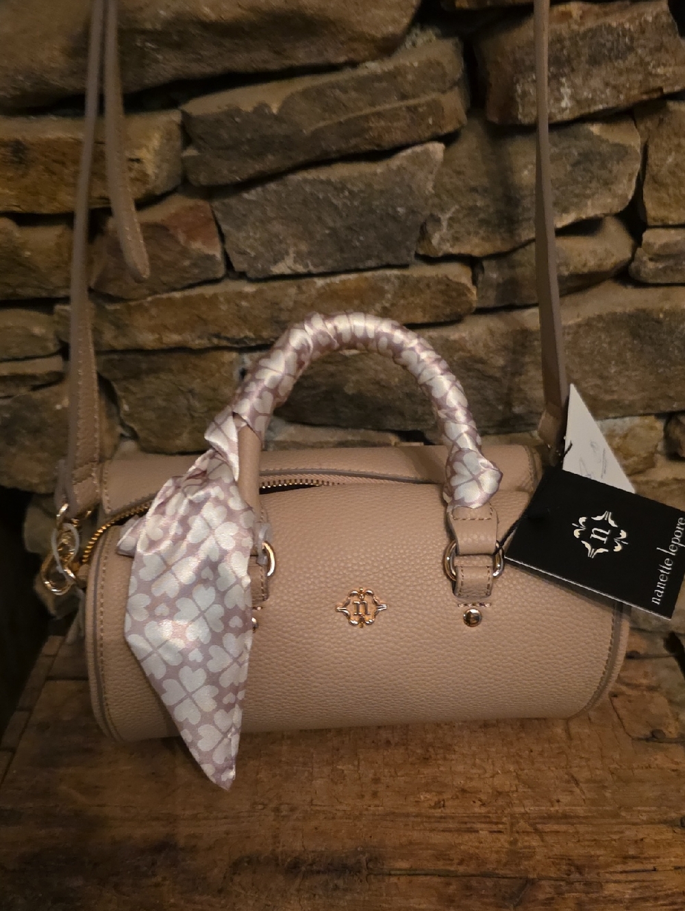Nanette Lepore Taupe Mini Barrel Satchel with Scarf-Wrapped Handle